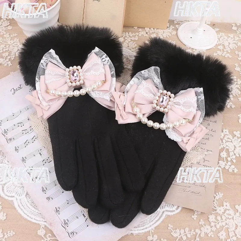 Handmade Sweet Cute Lace Bow Warm Gloves Rhinestone Beaded Finger Touchscreen Lolita Cosplay Gloves Women Winter Japanese Gloves