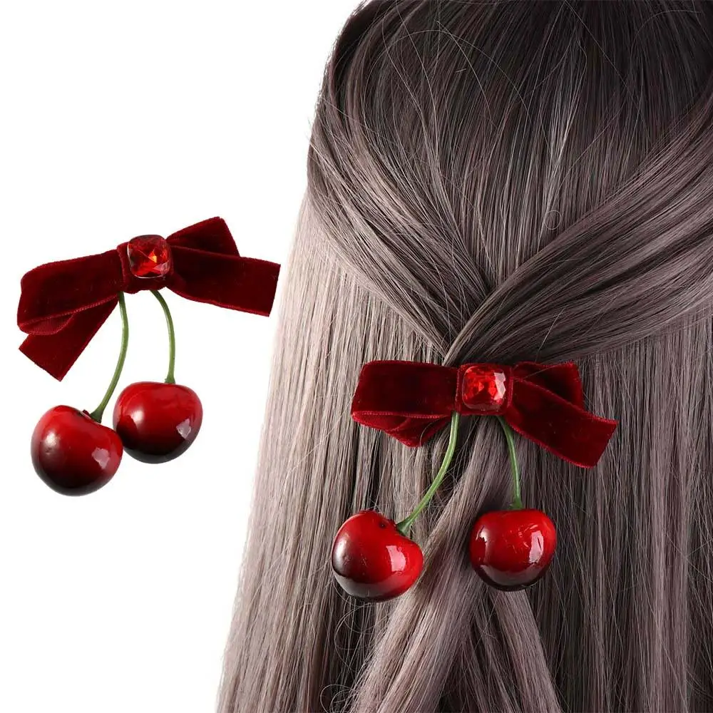 Sweet Red Velvet Cherry Hairpin Bowknot Cloth Velvet Bow Hair Clip Side Clip Barrettes Student