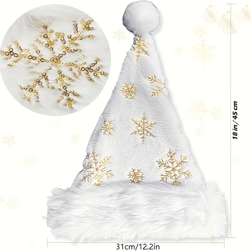 Air-Conditioned Room Wear White Plush Santa Hat with Gold Snowflakes, Lightweight Summer Festive Hat for Indoor Home Parties