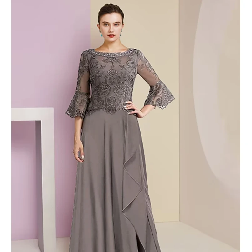 

Classic Gray A-Line O- Neck Chiffon Appliques Half Sleeve Floor-Length Elegant Mother of the Bride Dress Formal Party Wedding