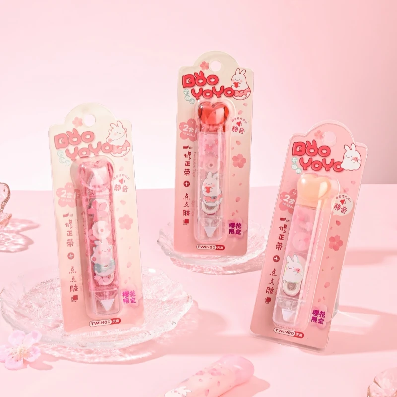 1/4pcs BuYoYO Correction Tape Glue Tape 2 in 1, Kawaii Rabbit Cherry Blossom Double Sided Design,  for Office School A3027