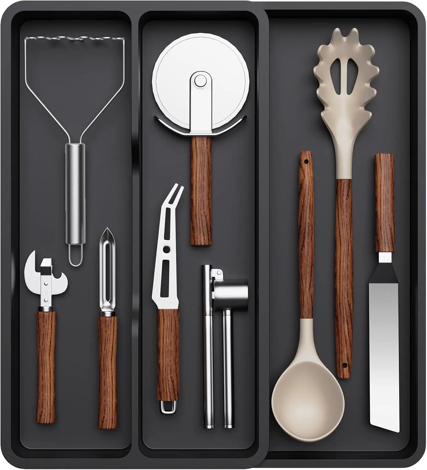 

Раздвижной органайзер для кухонного ящика, регулируемый лоток для столовых приборов, черный, 14,4 x 15,8 дюймов