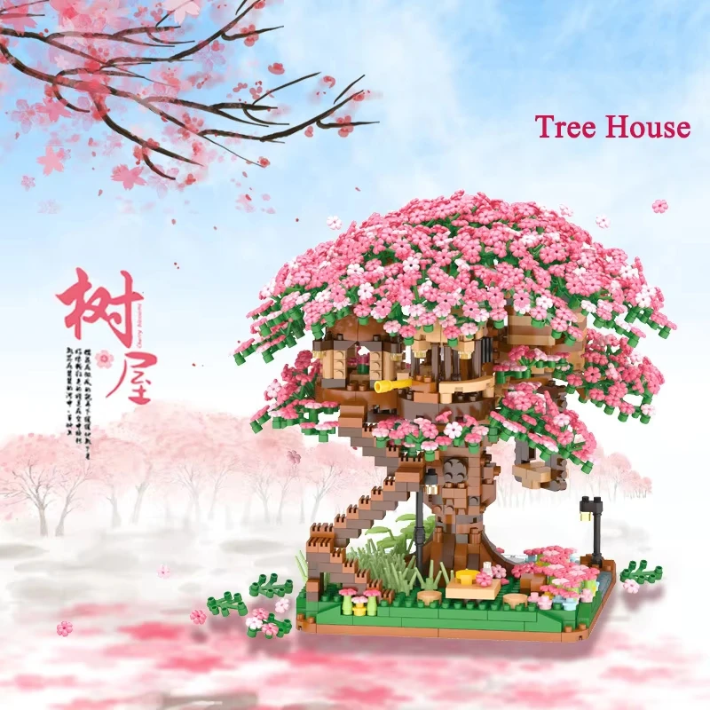 Flower Treehouse DIY Model Micro Building Block Indoor Decorations Creative Street View Brick Flower Tree House Kids Toy Gifts