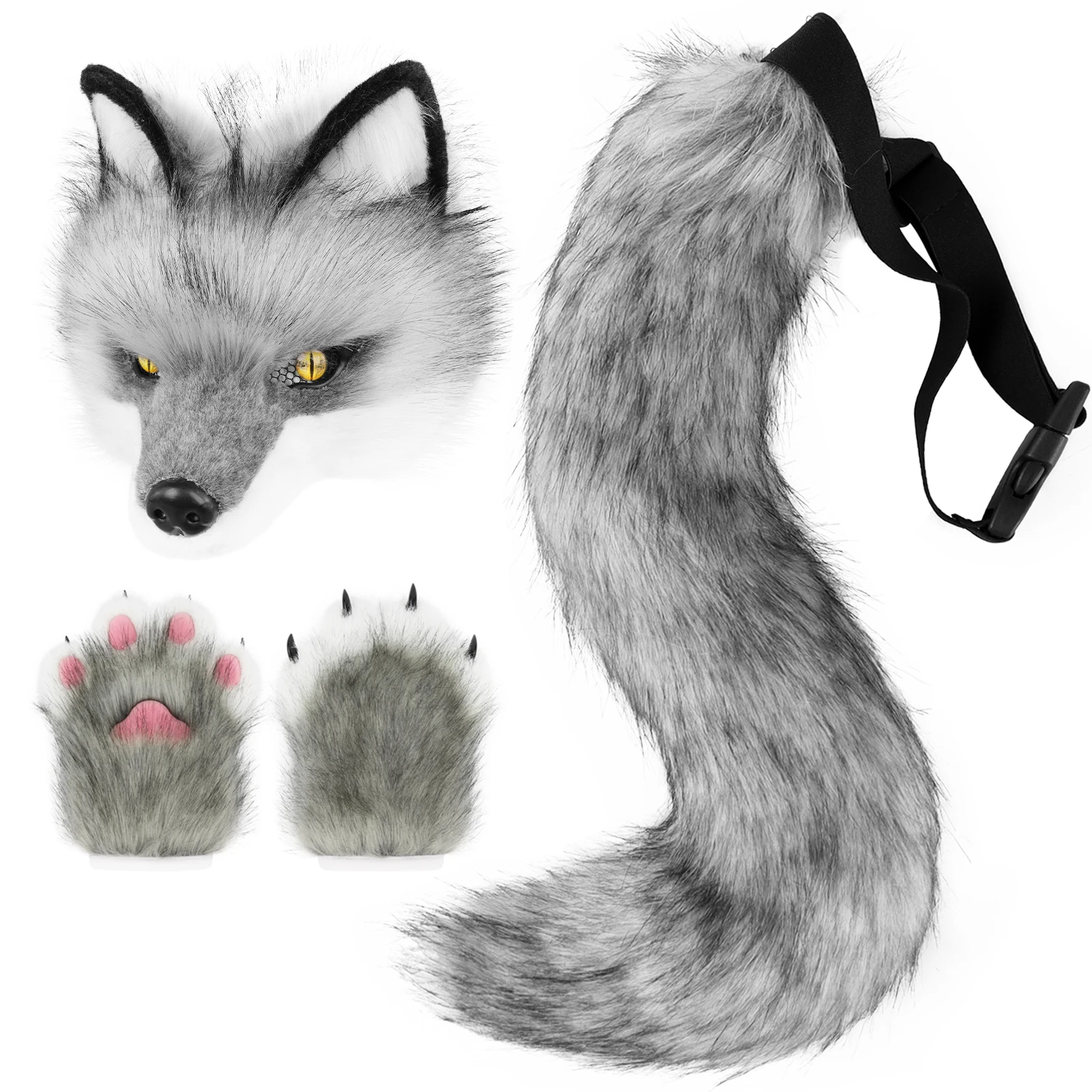 Plüsch-Kunstfell-Therian-Hund-Wolf-Maske, Pfotenhandschuhe, Fuchsschwanz-Set, Halloween-Cosplay-Kostümzubehör – Detail 5