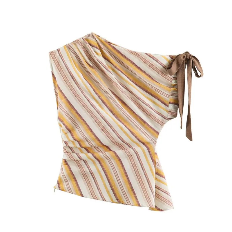 Women's Asymmetric One-Shoulder Striped Top with Tie Detail, Breathable Linen Casual Sleeveless Blouse for Summer