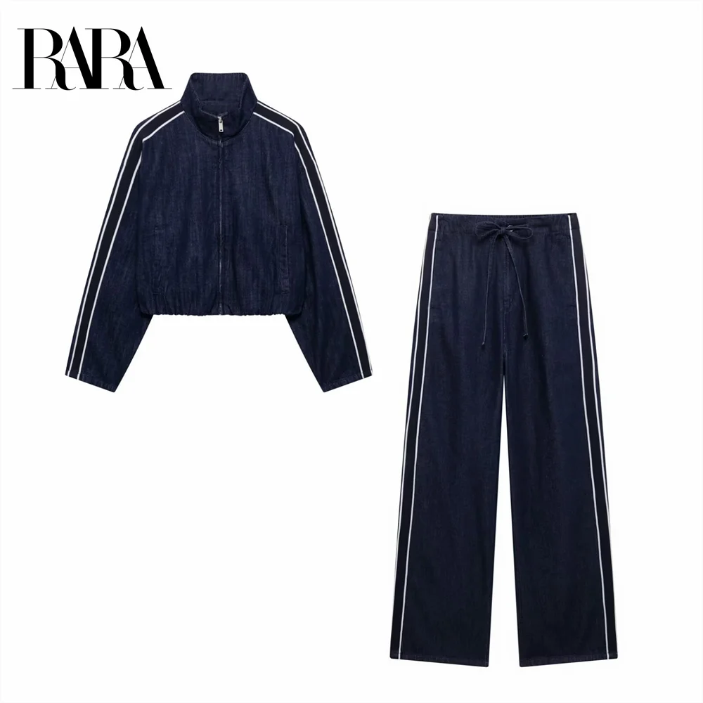 

2025 RARA Women's Stand - collar Zip - up Jacket and Drawstring Wide - leg Trousers Set in Navy with White Stripes