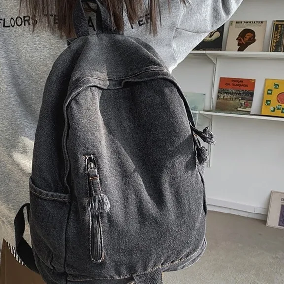 Women's Vintage Washed Denim Backpack, Gradient/black Casual Daypack with Frayed Zipper, Large Capacity Student School Bag
