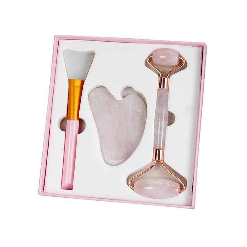 Natuursteen Rozenkwarts Roller Facial Jade Roller Gua Sha Schraper Masker Borstel Set Face Lift Massager Body Guasha Huidverzorging Tool