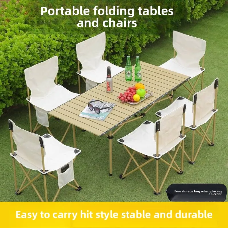 

Portable Folding Camping Table and Chairs Set, Outdoor Picnic BBQ Roll-Up Desk, Lightweight Aluminum Alloy for Beach Easy Carry