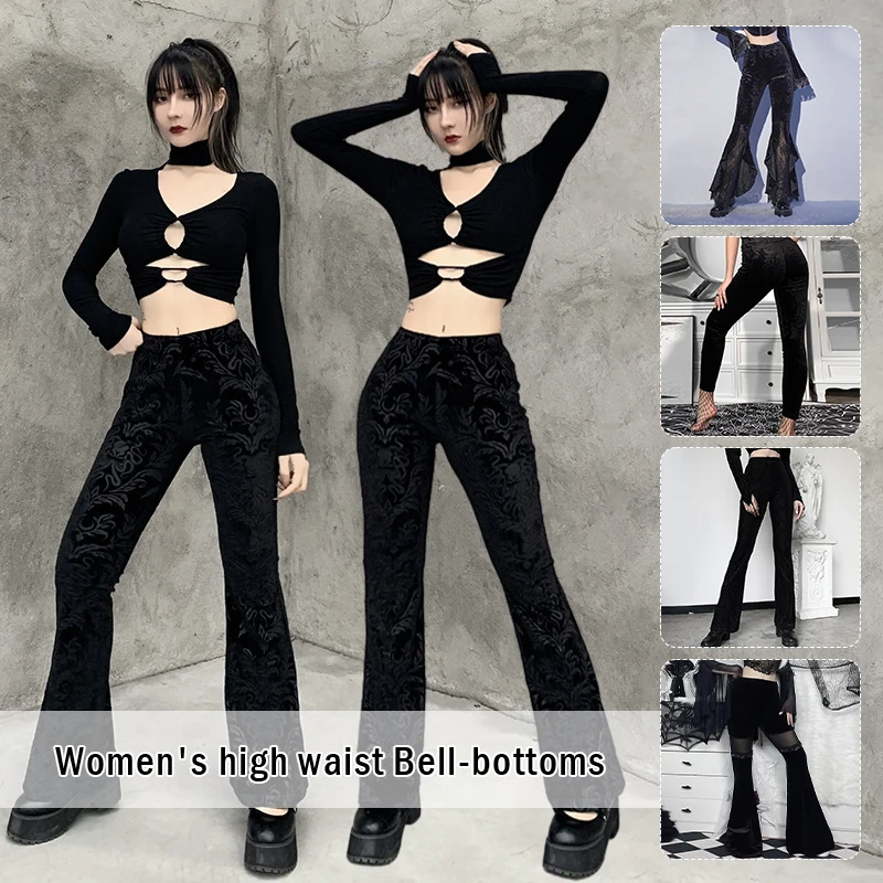Women Gothic Punk Velvet Flare Pants High Waist Streetwear Vintage Aesthetic Skinny Pants Harajuku Grunge Hippie Trousers