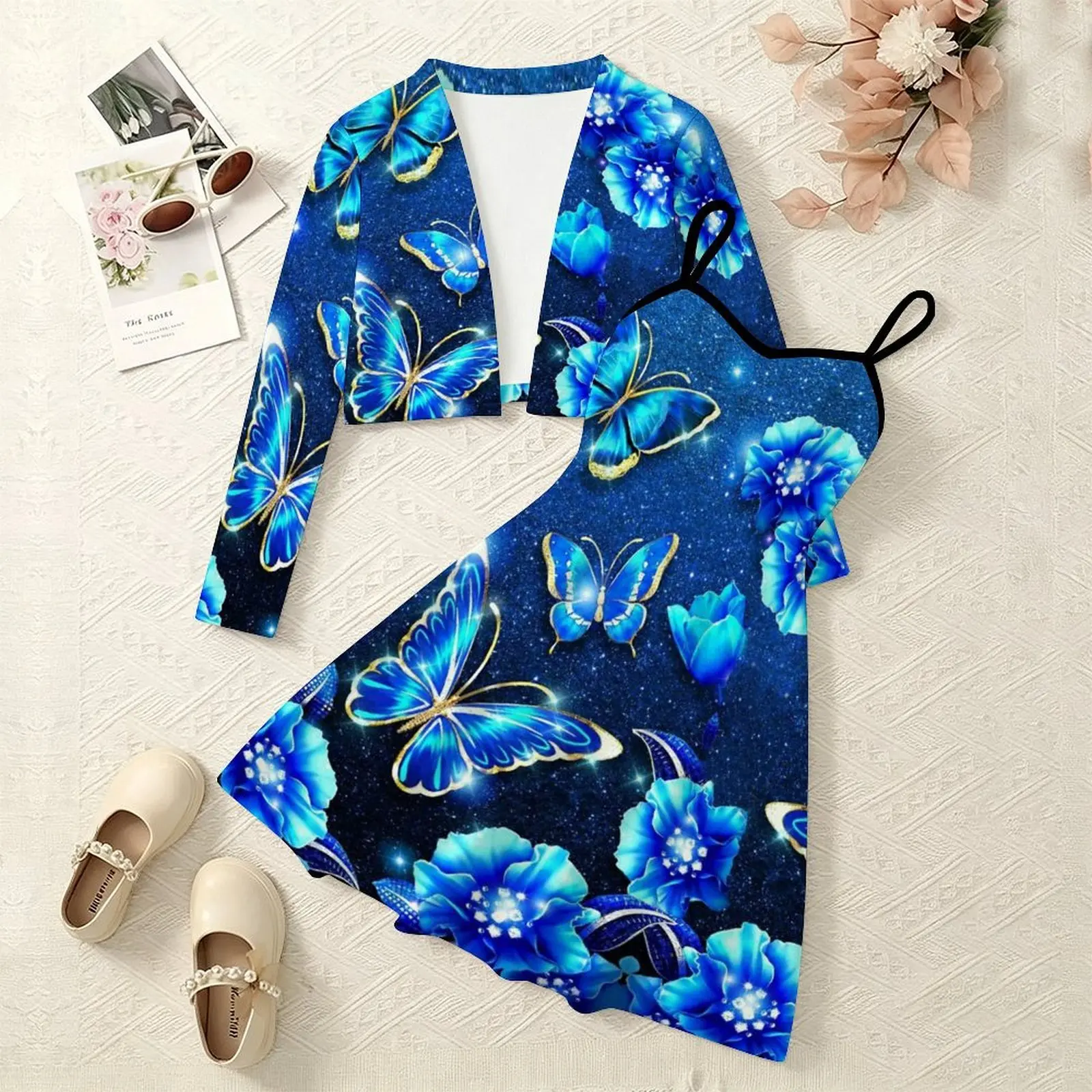 Fashion Girls Print 2Pcs , Casual Long Sleeve Outerwear &Sweet Adorable  Slip Dress, Daily Party Outfit