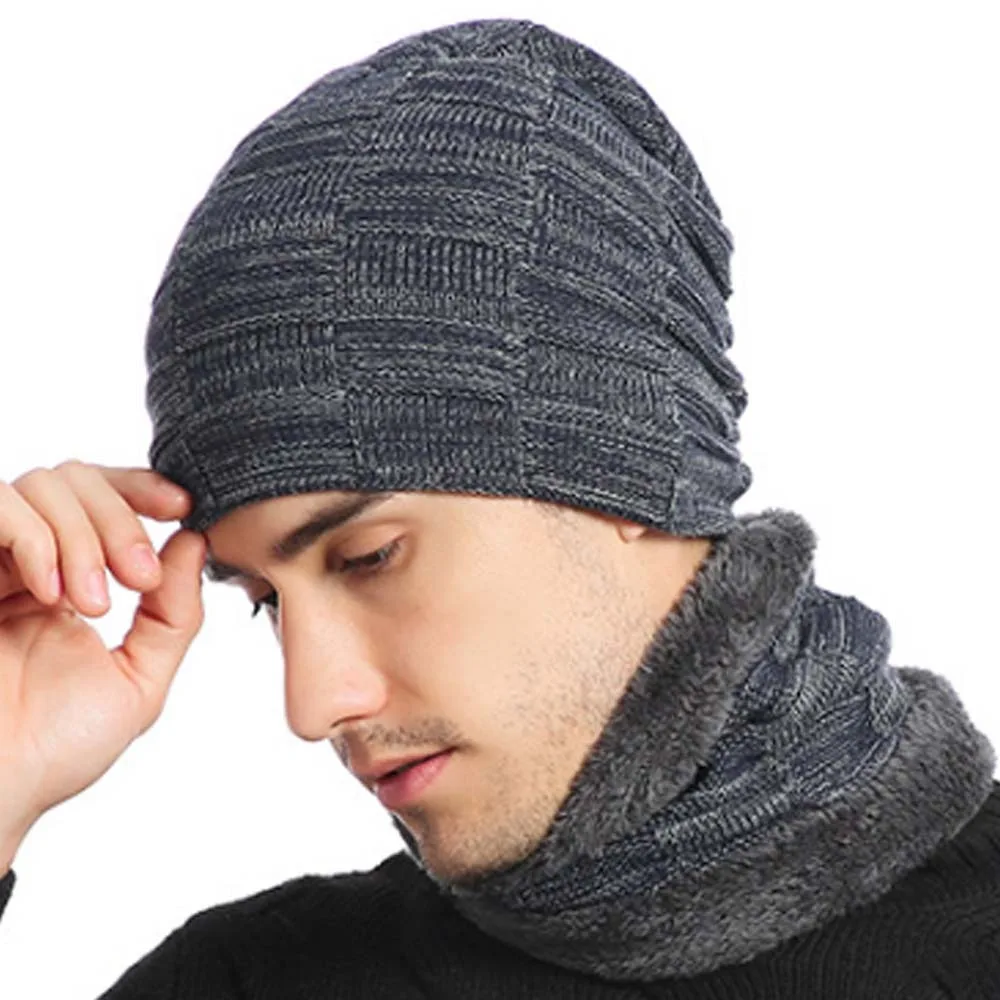 Balaclava Hat Acrylic Fibres Men Scarf and Hat Set Elastic Soft Woolen Hat Solid Color Plaid Knitted Scarf Autumn