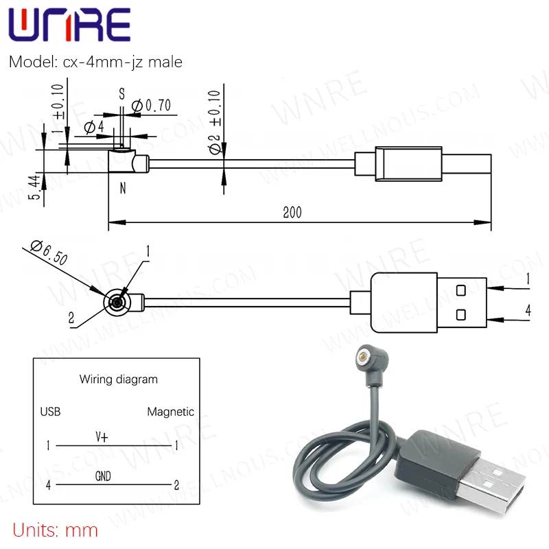 4 mm magnetischer Pogo-Pin-Stecker cx-4 mm-jz männlich weiblich Draht 27 cm Strom-Ladebuchse USB-Schnittstelle Stromanschluss