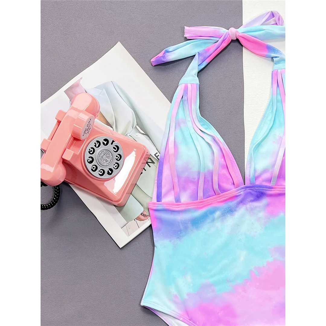 Neuer, sexy, batikfarbener Badeanzug mit V-Ausschnitt und Neckholder für Damen, einteiliger Badeanzug, Monokini mit hohem Beinausschnitt, Badebekleidung, Badeanzug V4624 – Detail 11