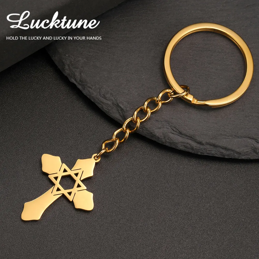 Lucktune Star of David Ankh Cross Pendant Keychain for Men Women Stainless Steel Hexagram Cross Bag Keyring Jewish Jewelry Gifts