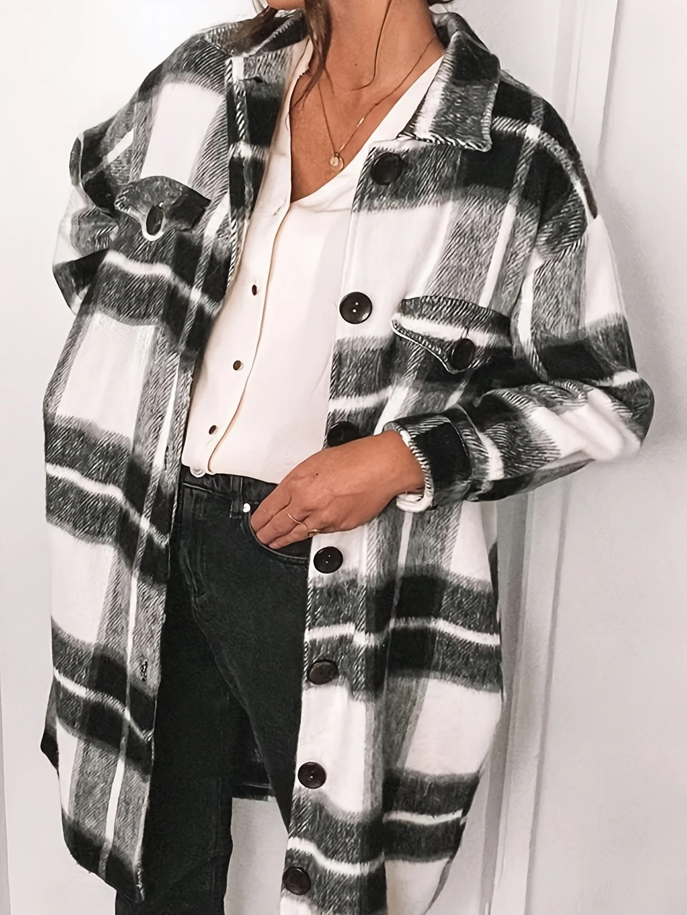 Plus Size Women's Fashion Checkered Printed Button Down Shirt Jacket Women Casual Shirt Jacket