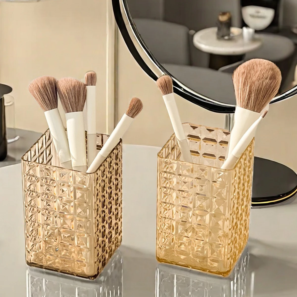 WORTHBUY Suporte de pincel de maquiagem transparente, caixa de armazenamento de cosméticos de plástico, mesa, batom, delineador, organizador de maquiagem, rack de exibição