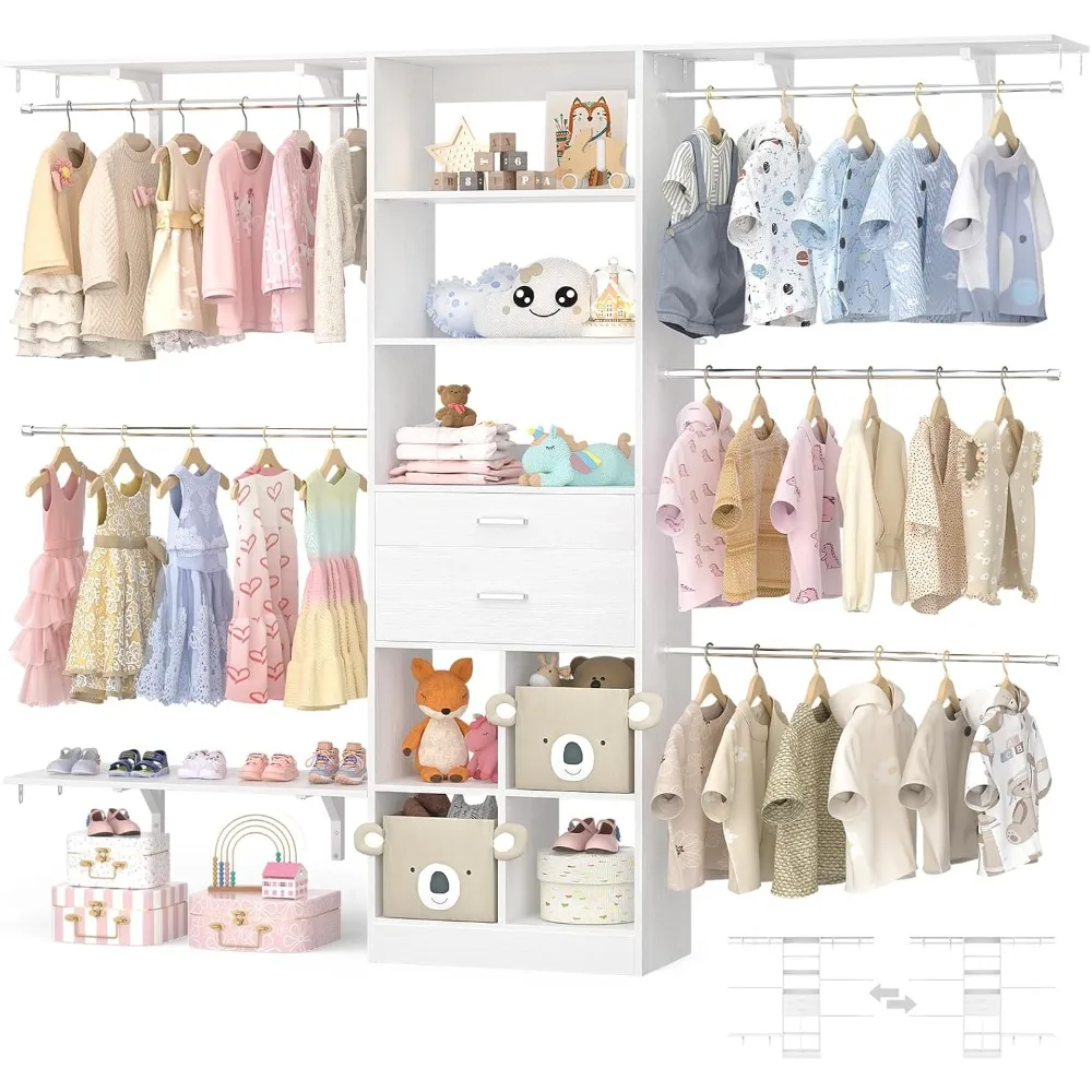 4.75-8FT Closet Organizer with Wooden Drawers & Cube Storage Organizer, Up To 96" Closet Systems for Nursery & Walk-In Closets