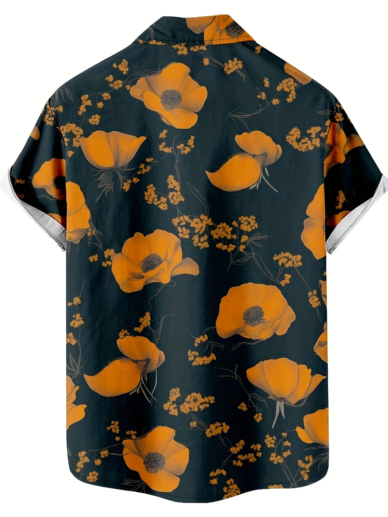 Men Summer Floral Short Sleeve Shirt Orange Poppy Flower Print Turn‑Down Collar Casual Beach Shirts