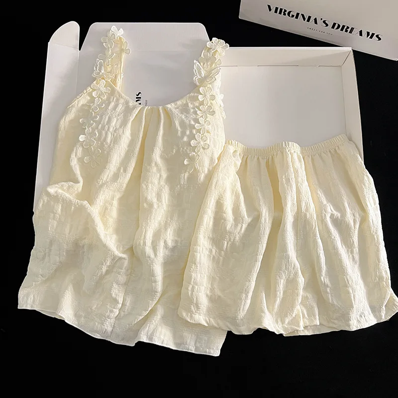 2026 Women's Suspender Pajama Set Wannian Sleepwear Sweet Girls Lace Summer with Chest Cushion Home Wear Apricot Nightwear