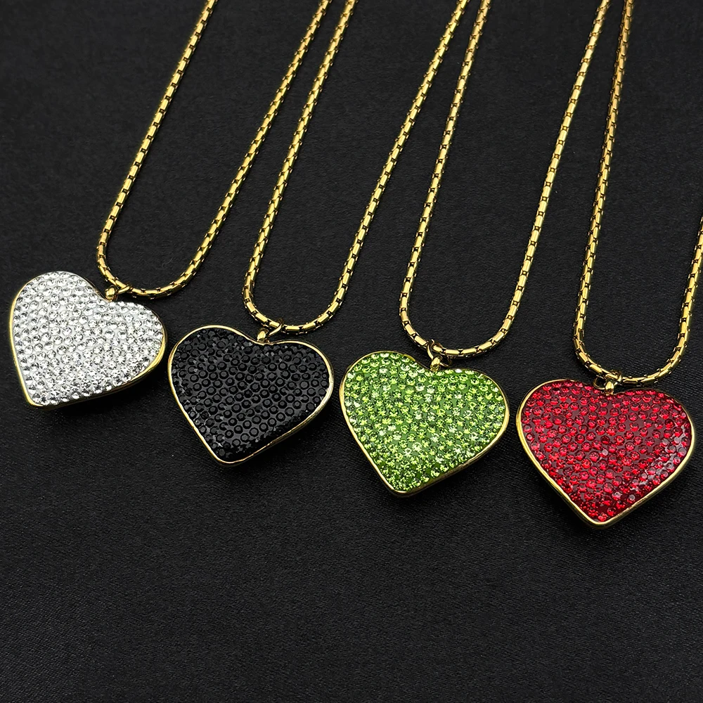 

Love Heart Red Black Green Full Rhinestones Pendant Necklace for Women Girl Stainless Steel Gold Color Chain Party Jewelry Gift