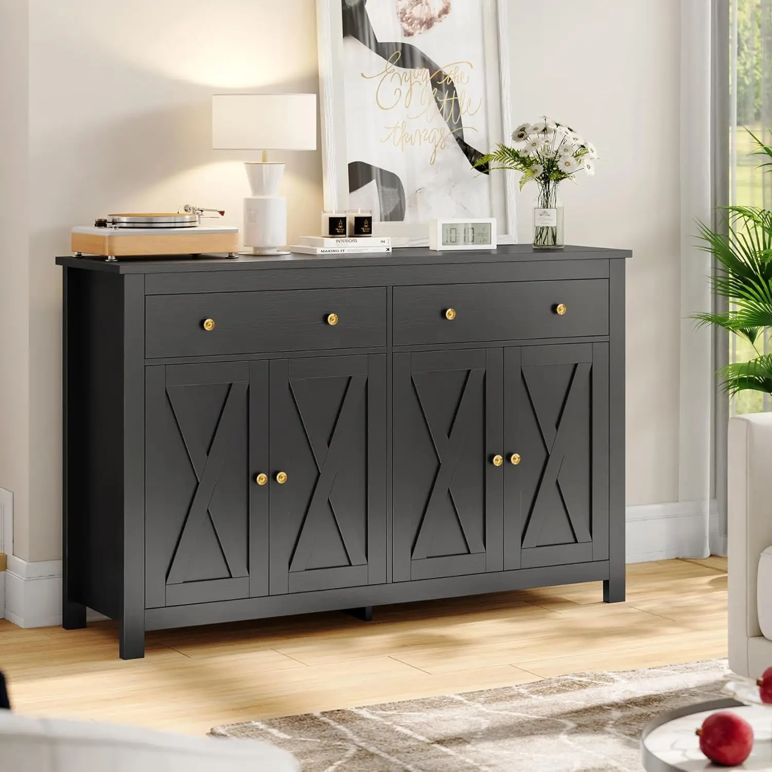 Kabinet Bufet Sideboard dengan penyimpanan, 55 "lemari penyimpanan dapur besar dengan 2 laci dan 4 pintu