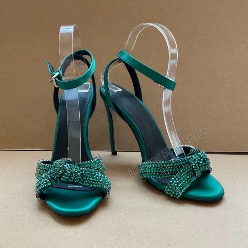 Green Crystal Bow Knot Sandals for Women Sexy Solid Ankle Buckle Party Wedding Shoes Summer New Peep Toe Thin High Heels Shoes