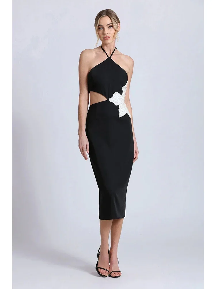 Vestido Bandage negro sin mangas para mujer, vestido Sexy con cuello Halter, diseño de cuentas de flores, vestidos Midi ajustados, vestidos de fiesta de celebridades