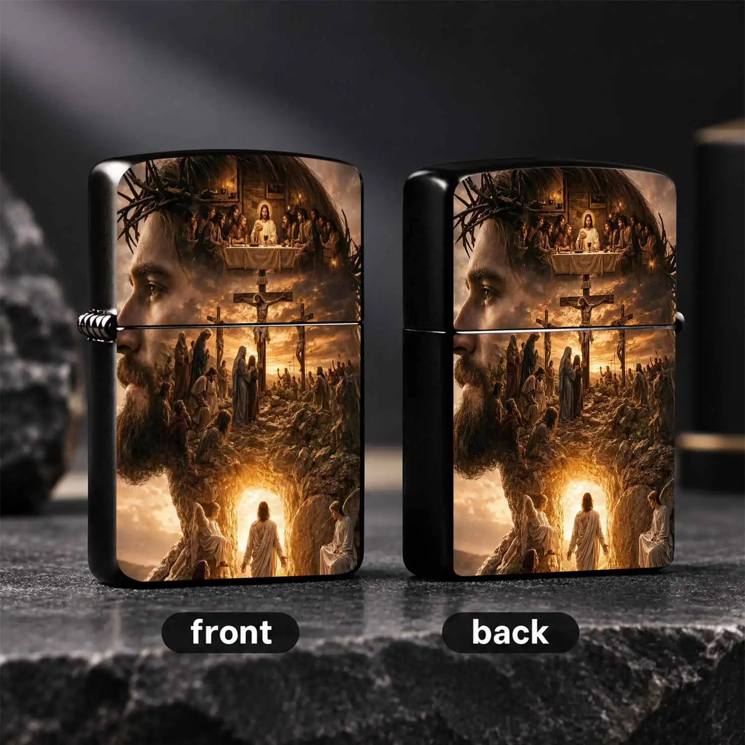 Retro Jesus Life Themed Lighter, Double-Sided Imprint Featuring The Last Supper, Crucifixion Scenery at Golgotha, Resurrection Miracle, Artistic Religious Vibe Collectible Lighter, Meaningful Festive Present for Believers Family Friends A