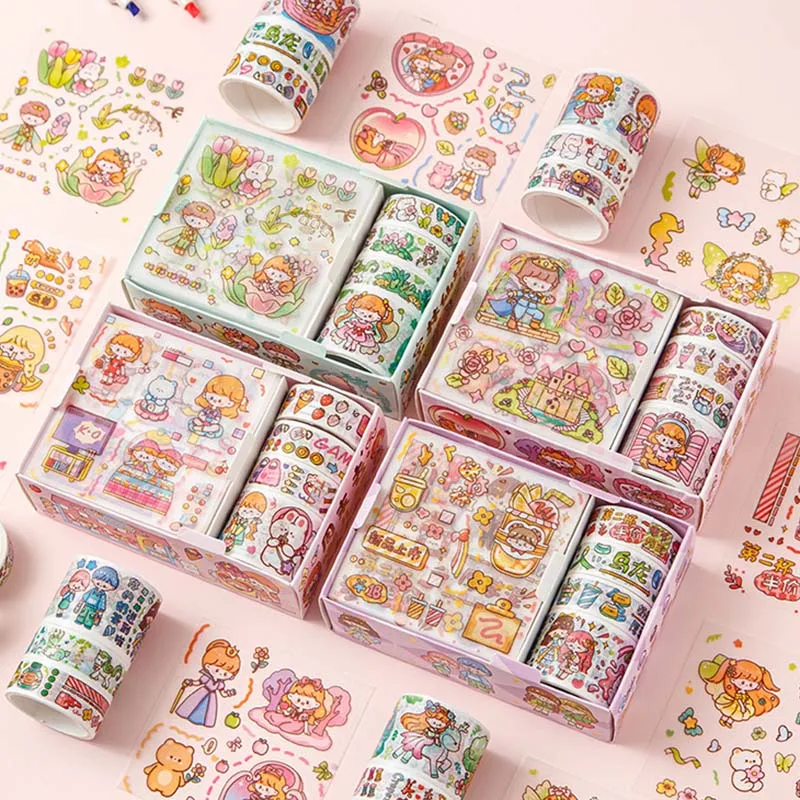 8Pcs/Box Kawaii Stickers Washi Tapes Set Cute Korean Cartoon Masking Tape Set Ins Style DIY Album Planner Stationery Journal