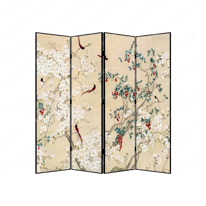 New Chinese Style Folding Movable Screen Flowers and Birds Background Partition Living Room Room Tea Room Dining Room Office