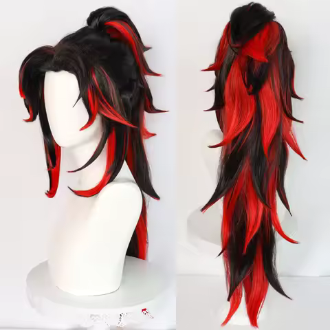 Long Straight Black Ombre Red Layered Ponytail Clip Wig Synthetic Fluffy Anime Game Cosplay Wig for Daily Party