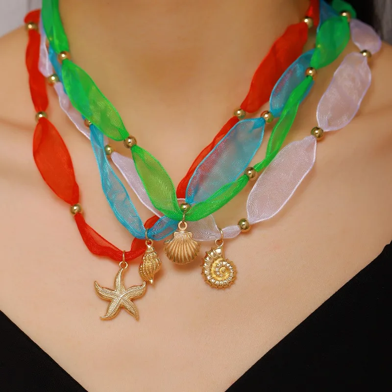 

Summer vacation style colorful ribbon necklace, shell starfish conch pendant, collarbone chain, Bohemian style jewelry