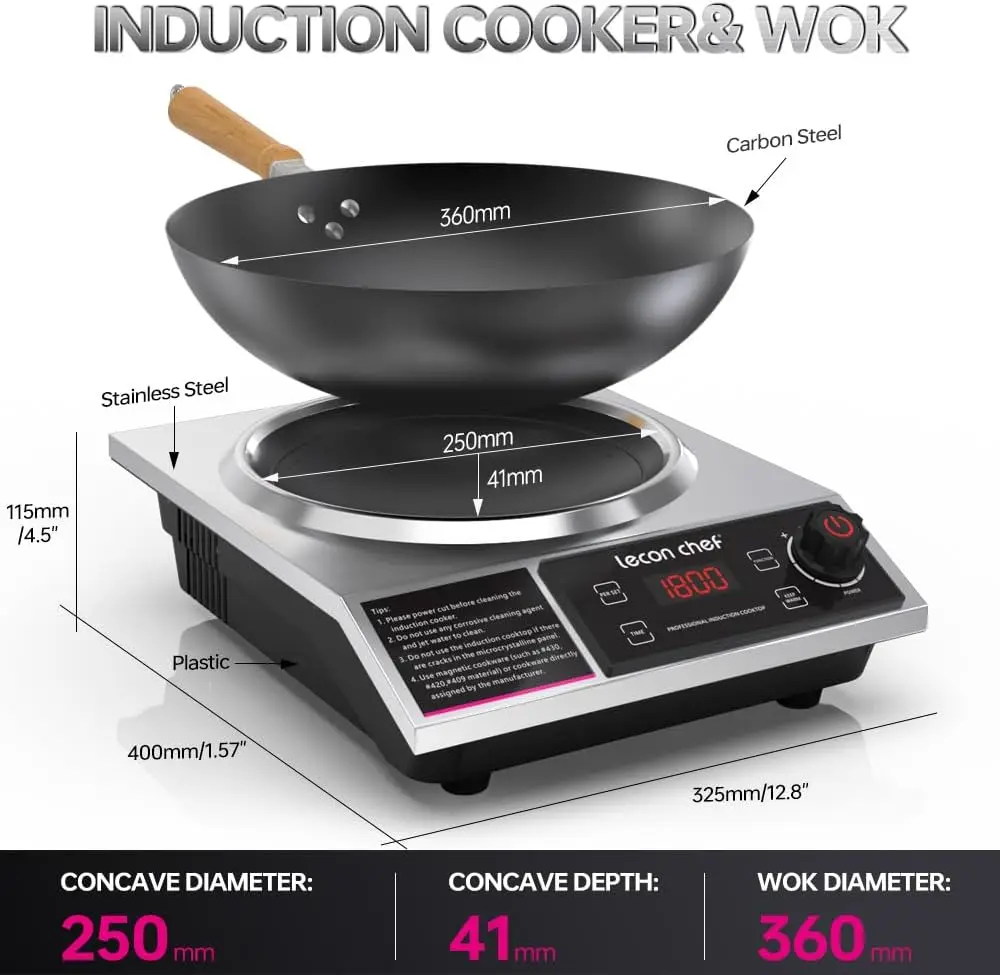 Leconchef-cocina de inducción con Wok, quemador de inducción eléctrico profesional de 1800W, con 11 niveles de ajuste, temporizador de 24 horas