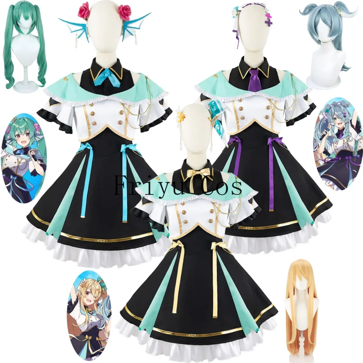 Costume de Cosplay Anime virtuel You Finana Ryugu Elira Pendora Pomu Rainpuff, perruque, uniforme JK pour femme, Costume de carnaval Sexy Kawaii