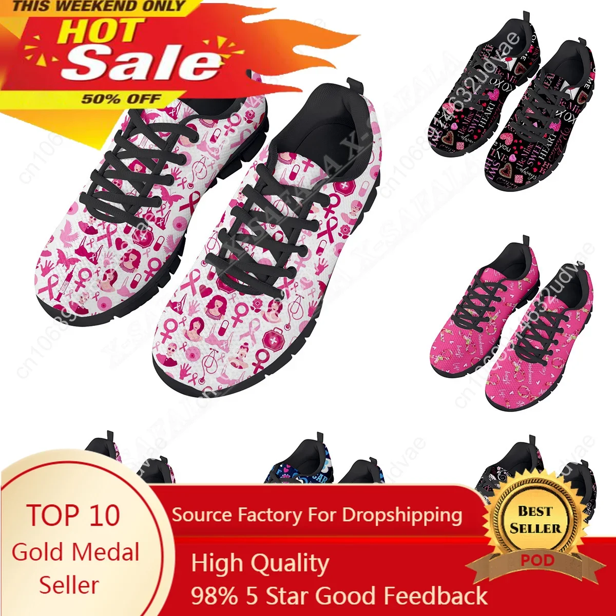 

Breast Cancer Awareness Print Unisex Casual Basic Daily Sport Shoes Breathable Lightweiht Mesh Lace Up Sneakers Men Woman -1