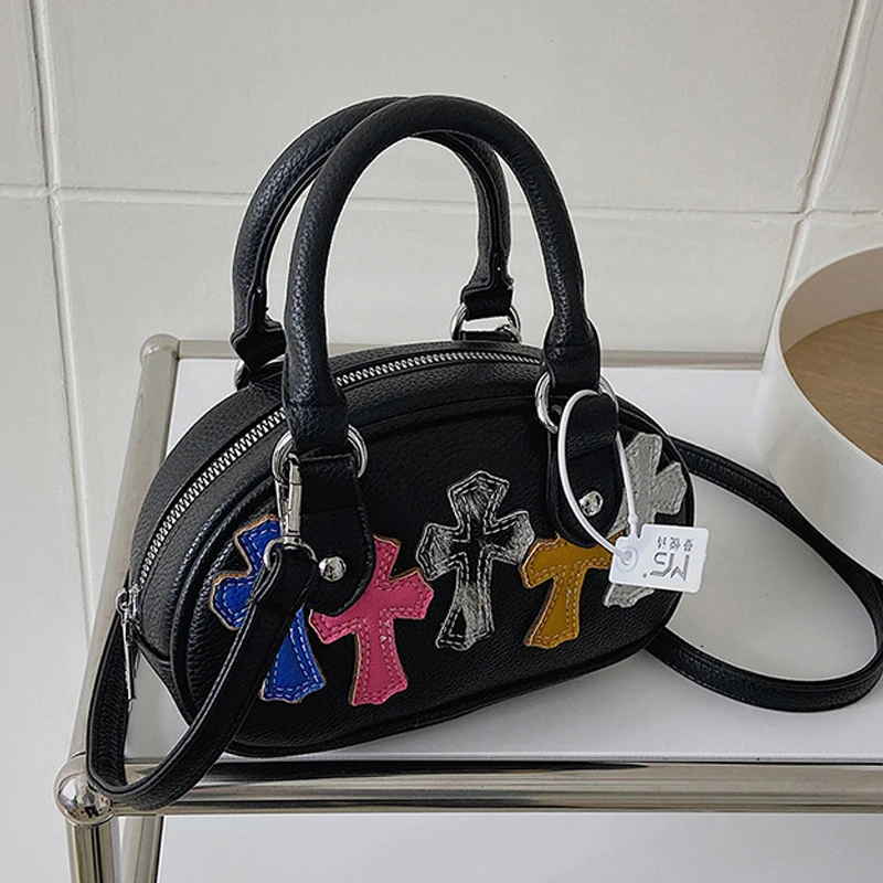 Y2K Printing Cross PU Bowling Bag Designer Luxury Handbags For Women 2023 New Vintage Ladies Shoulder Crossbody Shell Bags