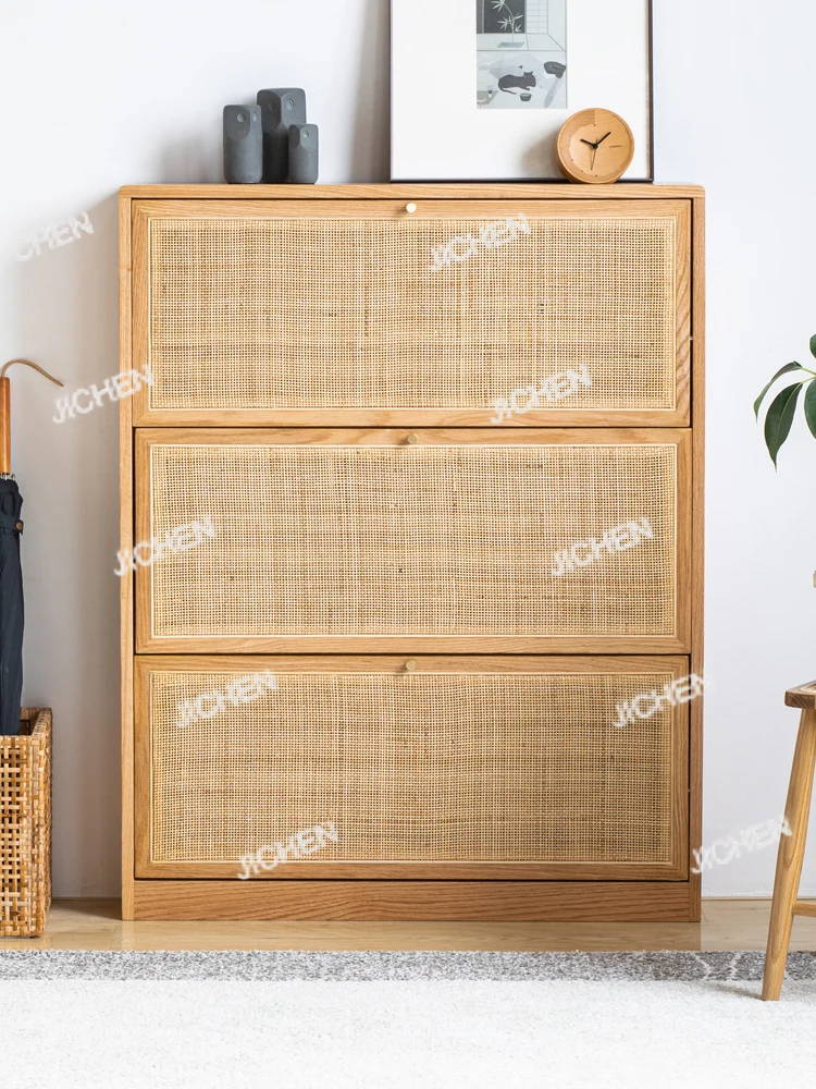 

Мебель для гостиной в скандинавском стиле B3096, современный дизайн, шкаф для обуви из массива дуба с откидной дверцей из ротанга.