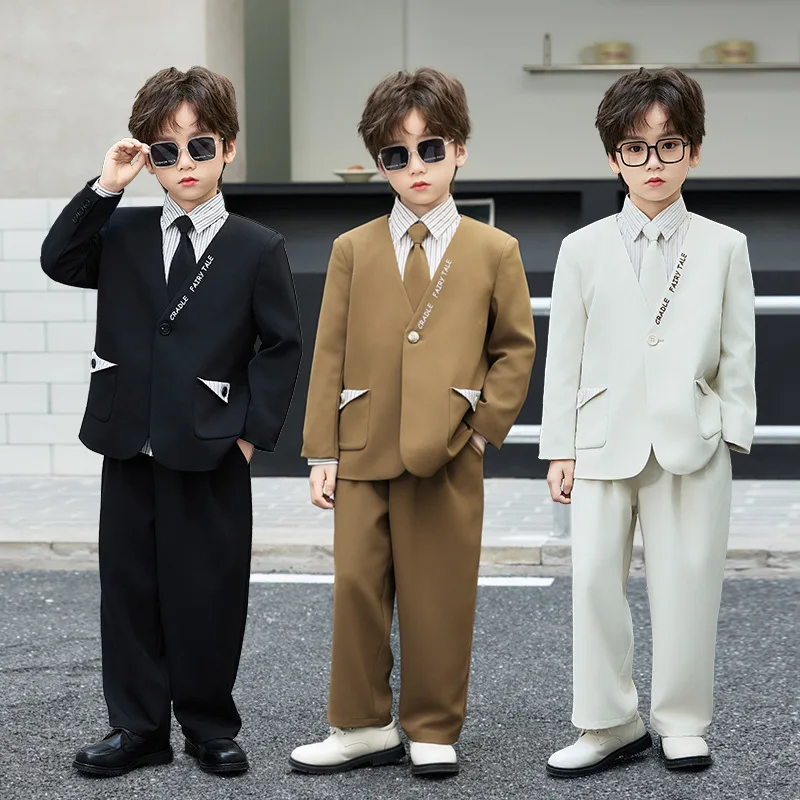 New Spring Autumn Children Boys Wedding Outfit Kids Boys Birthday Party Photography Costume 1-12Y Boys Blazer Pants Tie Suit