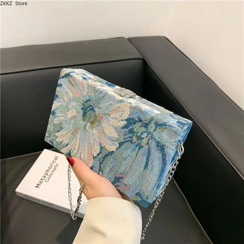 Chinese Style Oil Painting Small Square Bag Women's Embroidery Box Bag Chain Crossbody Bag Mobile Phone Shoulder Bag