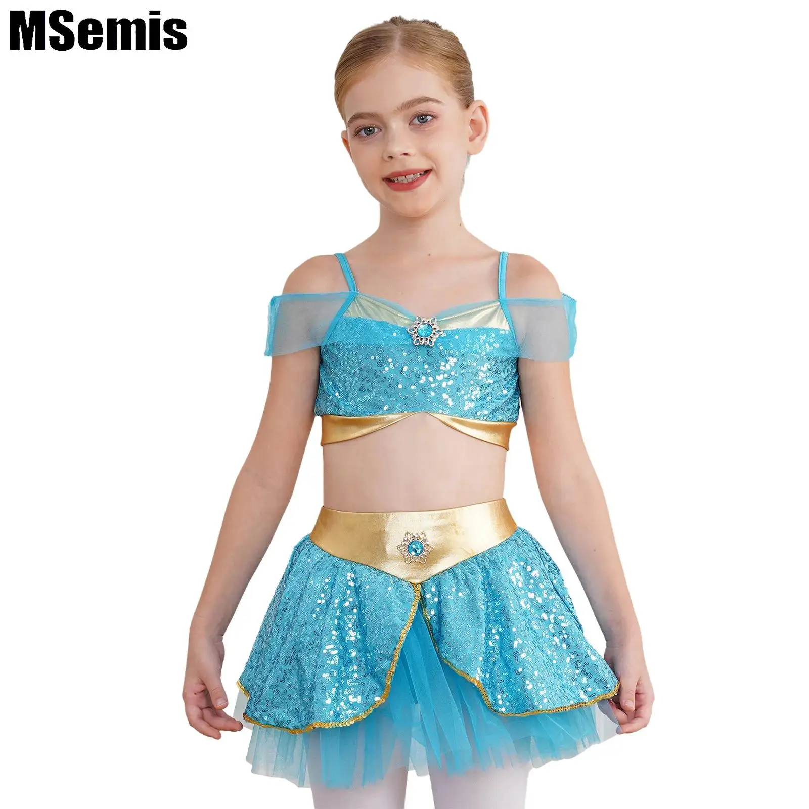 

Big Girls Belly Dance Costume Shiny Sequins Sleeveless Arabian Princess Crop Top with Short Skirt Set for Halloween Cosplay