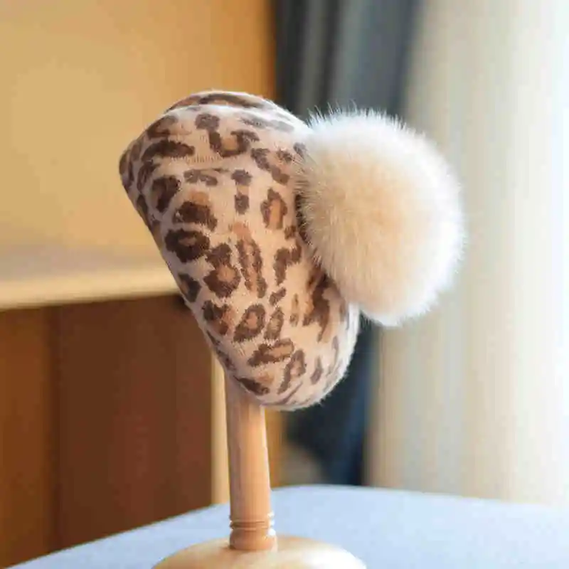 

Beret Hat Pompom Women Winter Wool Knit Beanie Real Fur Leopard Autumn Warm Soft Skiing Accessory For Outdoor Luxury