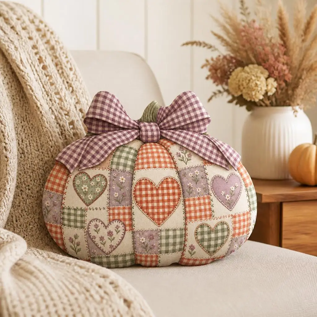 Pumpkin Bow Plush Pillow Cottagecore Gingham Heart Cushion Stuffed Throw Pillow Autumn Home Decor Sofa Accent Rustic Gift