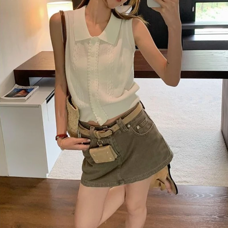 

Women's Summer Polo Knit Vest New Slimming Fit Woven Short Top