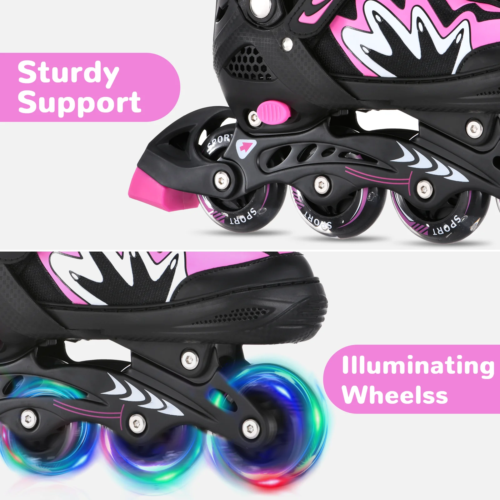 Inline-Skateschuhe für Kinder, verstellbare Rollschuhe mit leuchtenden Rädern, sicheres Dreifachverschlusssystem für Mädchen und Jungen – Detail 7