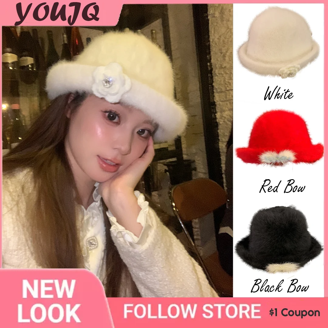 

Korea Blogger Rabbit Fur Flower Fisherman Hats for Women Autumn Winter Curling Brim Hat Big Head Circumference Panama Sombreros