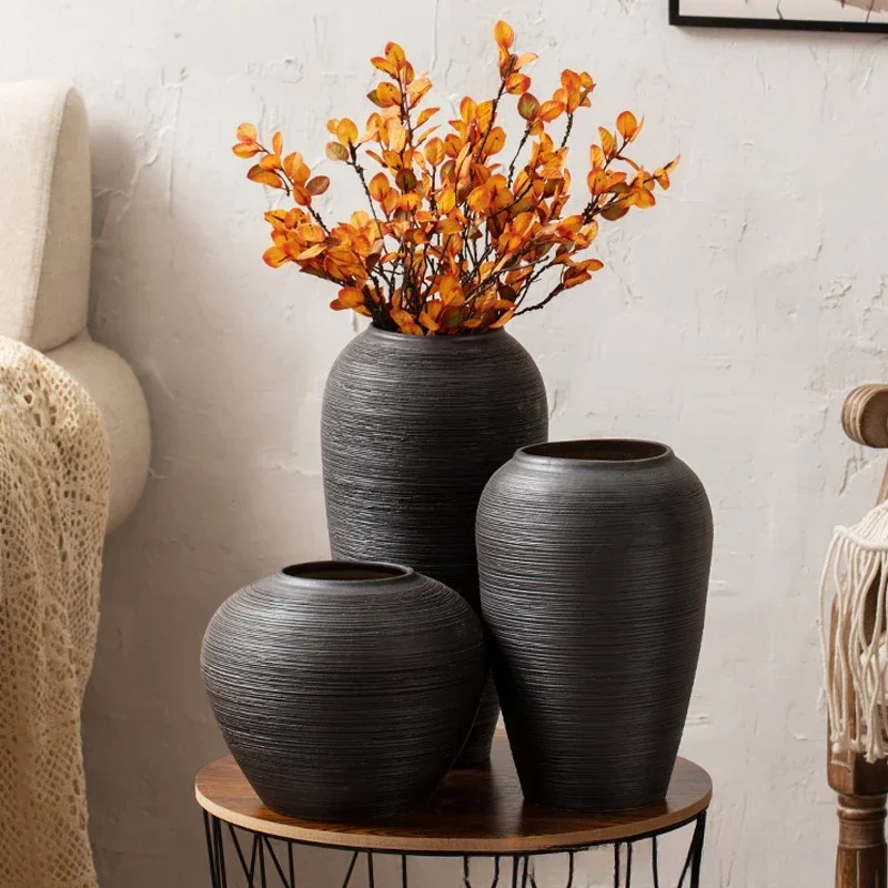 

Floor To Ceiling Solid Color Black Vase Dried Flower Hydroponic Vase Ceramics Home Retro Porcelain Decorative Ornaments