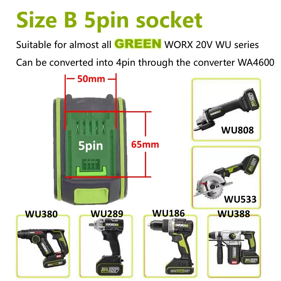Universal Replacement of WORX Lithium Battery 20V 8Ah 4pin 5pin Battery for Worx Electric Wrench Electric Drill Rscrola Original