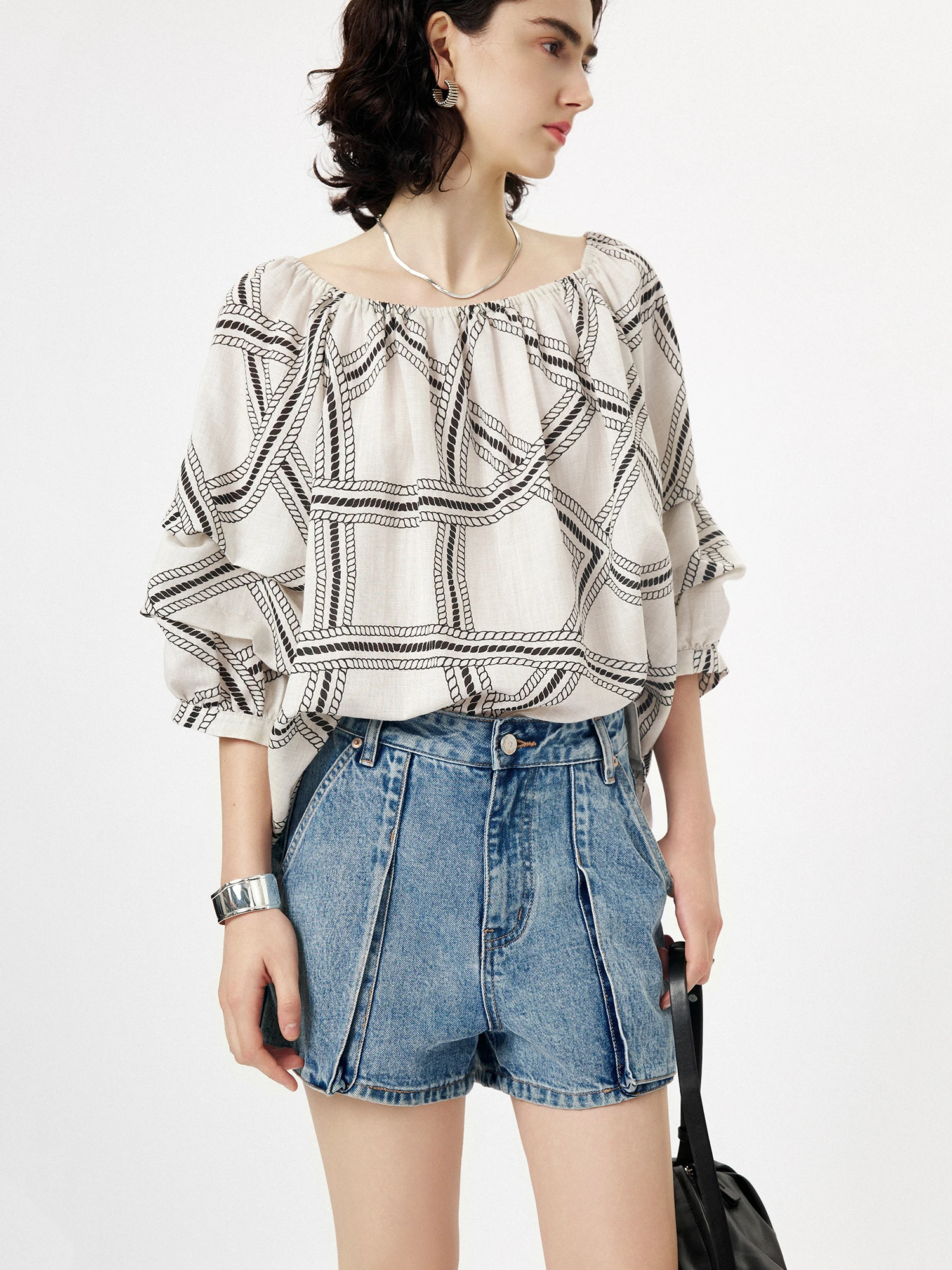 

CLMX Summer Casual Cotton Denim orts with Patch kets Elastic Waist Straight Leg Zipper Fly Blue Jeans for Women