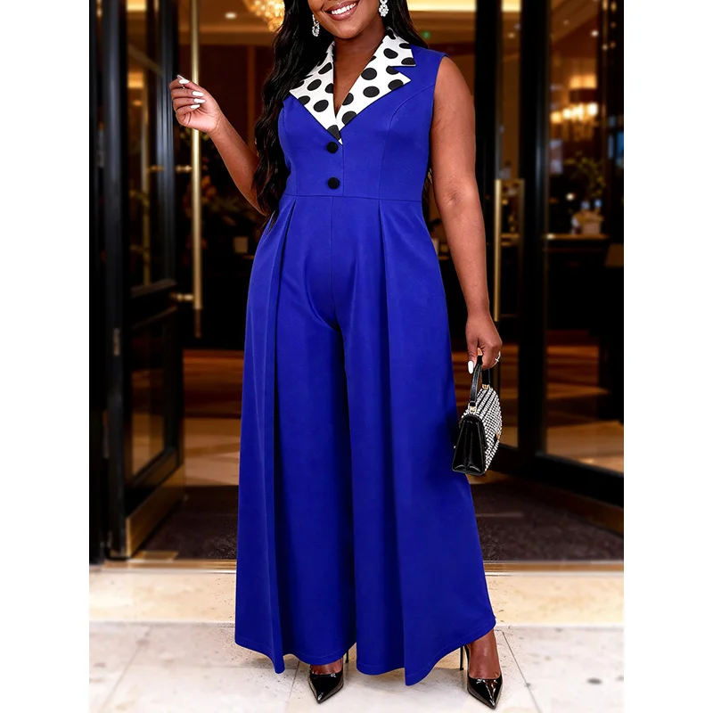 Picture 4: Slergiri Plus Size Polka Dot Notched Neck Sleeveless Jumpsuit Women Summer Party Elegant Office Lady Pleated Wide Leg Pants
